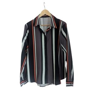 Woman's Stylish Stripes Button Down Shirt -Black, White, Orange- Size X-Large